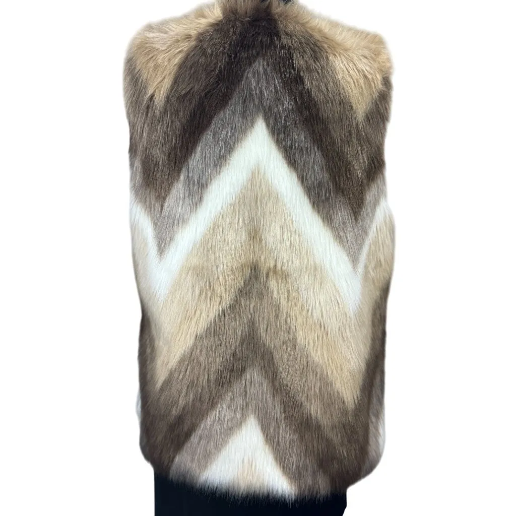 Skies Are Blue Womens M Faux Fur Chevron Vest Winter Coat Neutral Beige Brown - Image 5