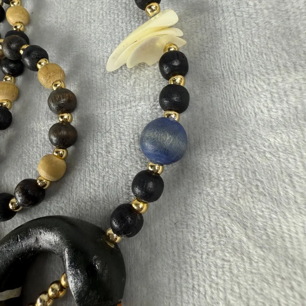 Wood Duck Geese Statement Necklace Beaded Shell Accents Hand Painted Vintage Black - Image 16