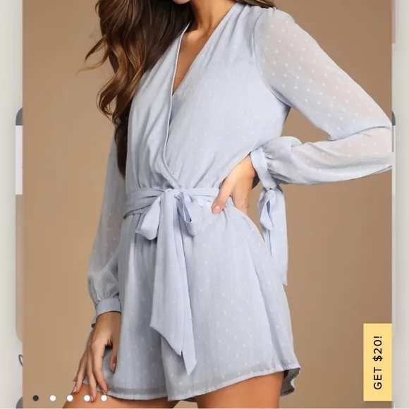 NWT Lulus Closer Look Light Blue Swiss Dot‎ Tie-Sleeve Split Back Romper LARGE - Image 2