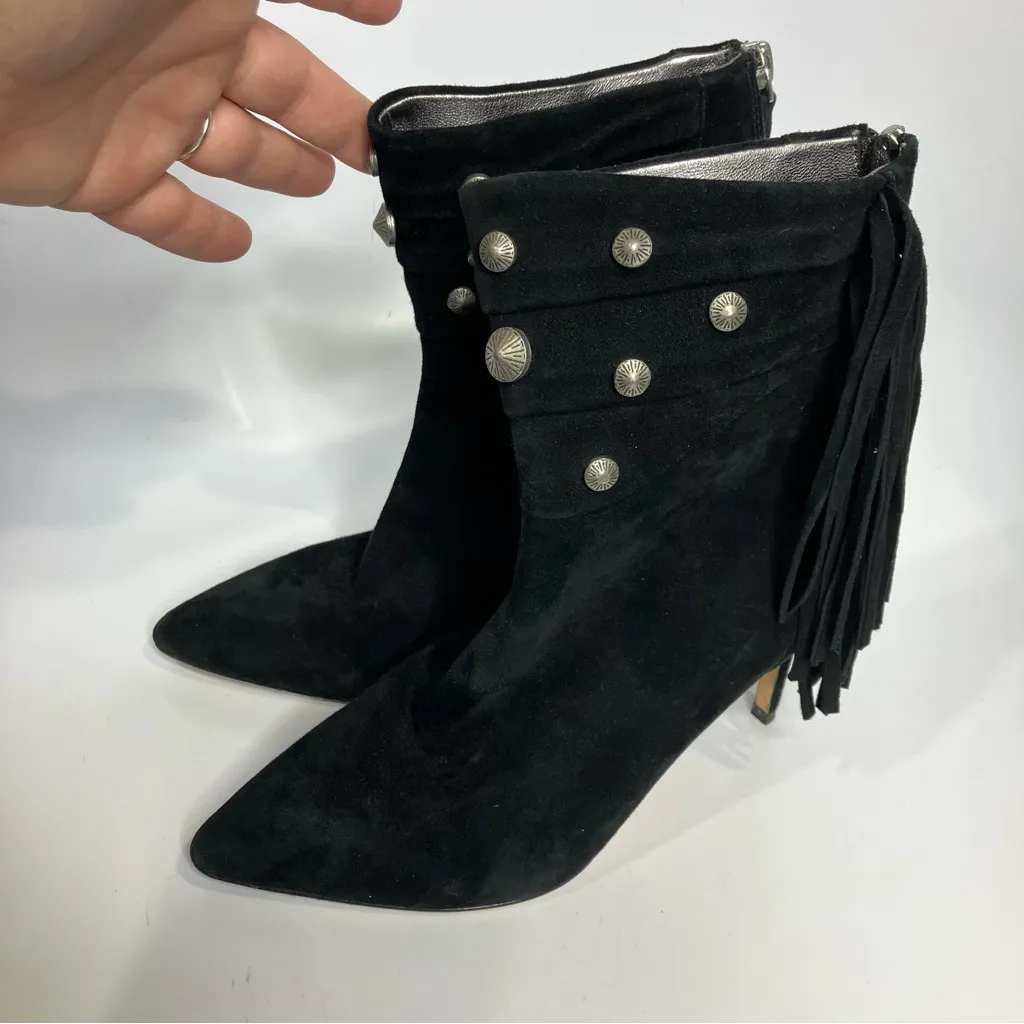 Paige Leah fringe studded bootie heels black‎ suede women’s 7.5 western modern - Image 4
