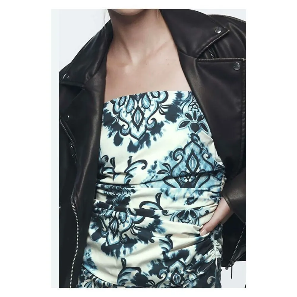 NWT Zara XS Floral Printed Ruched Cami Tank Top‎ Y2K THE OC White Blue - Image 14