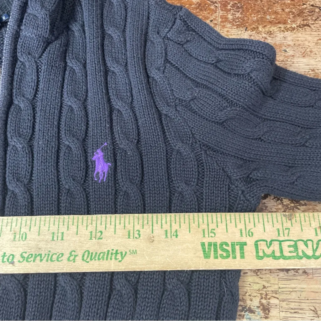 Ralph Lauren Cable Knit Zip Up Cotton Cardigan Black Pony Size Small - Image 5