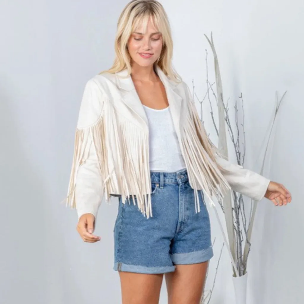 Womens Sand Fringed Faux Suede Good Vibes Moto Jacket sz sm - Image 5