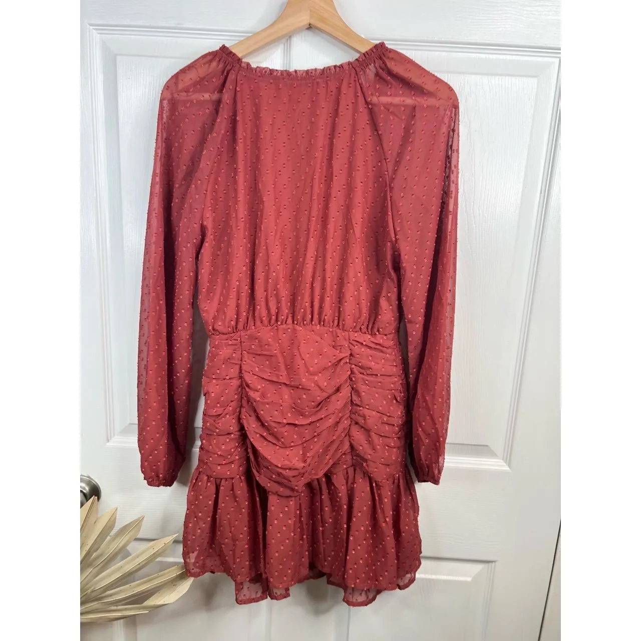 Floret Studios Mini Dress Womens Size S Rust Orange Swiss Dot Ruched Boho V Neck - Image 3