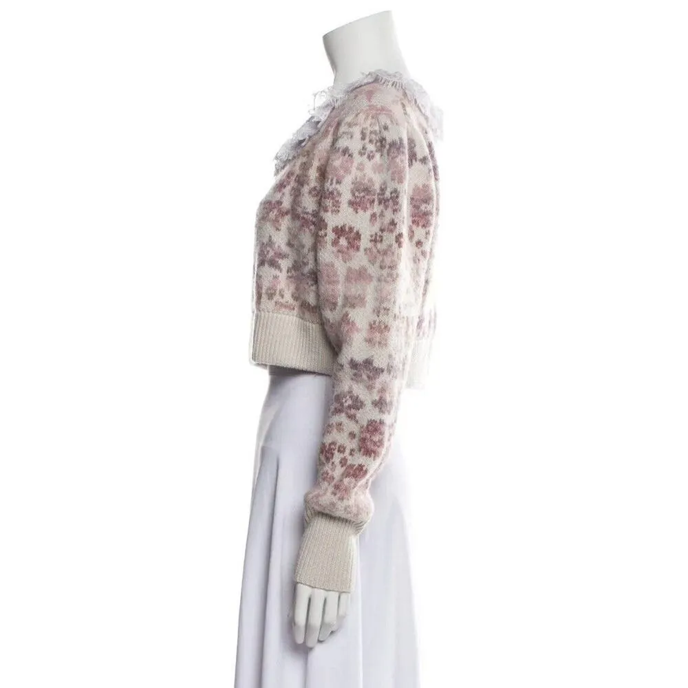 LoveShackFancy Pullover Sweater Sz S Multi Floral Crop Coquette Lace Collar - Image 3