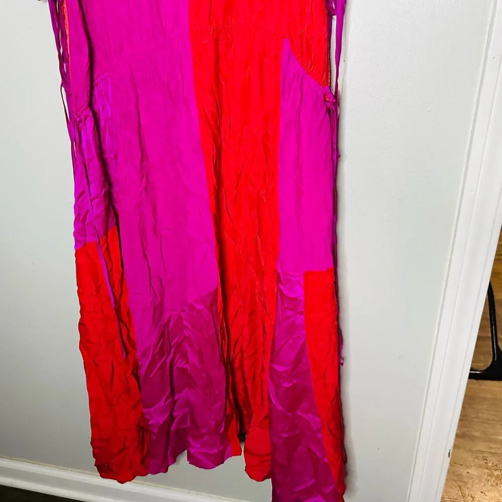 AMUR Women's Orange Pink Colorblock 100% Silk Lotta Ruched Maxi Dress Size 8 - Image 5