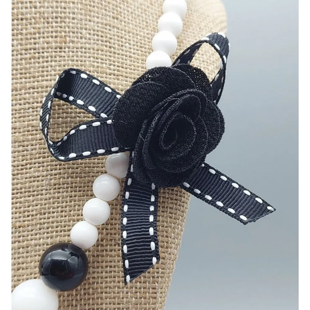 Cute Black & White Beaded Stretch Choker Necklace Collar Bow & Flower Accent - Image 4