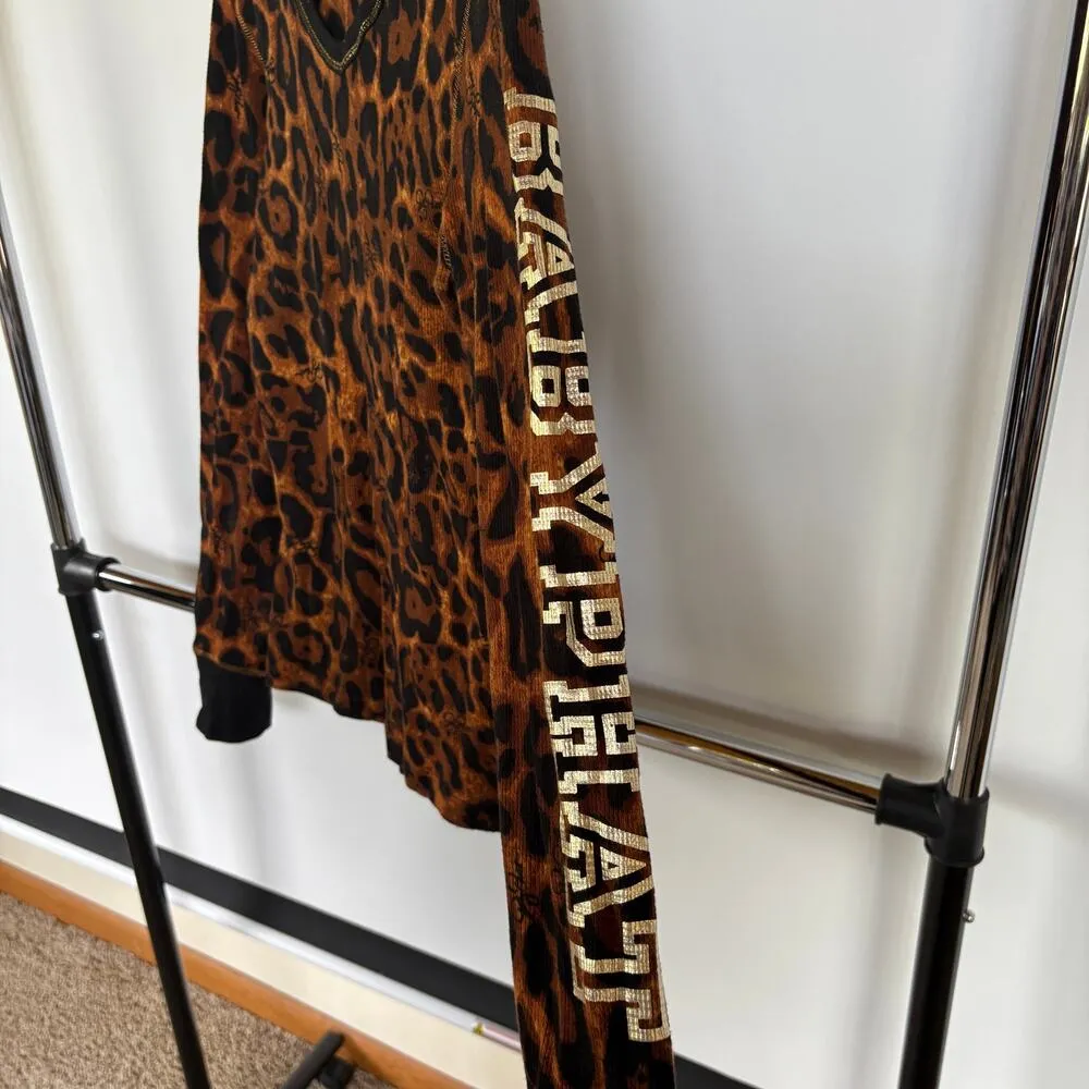 Y2K Baby Phat Leopard Print Logo Sleeve McBling Indie Sleaze Waffle Tee Large - Image 4