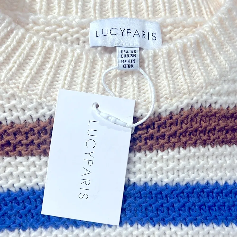Lucy Paris Dominic Striped Crewneck Sweater in Cream/Brown/Blue Size XS NEW wTag - Image 4