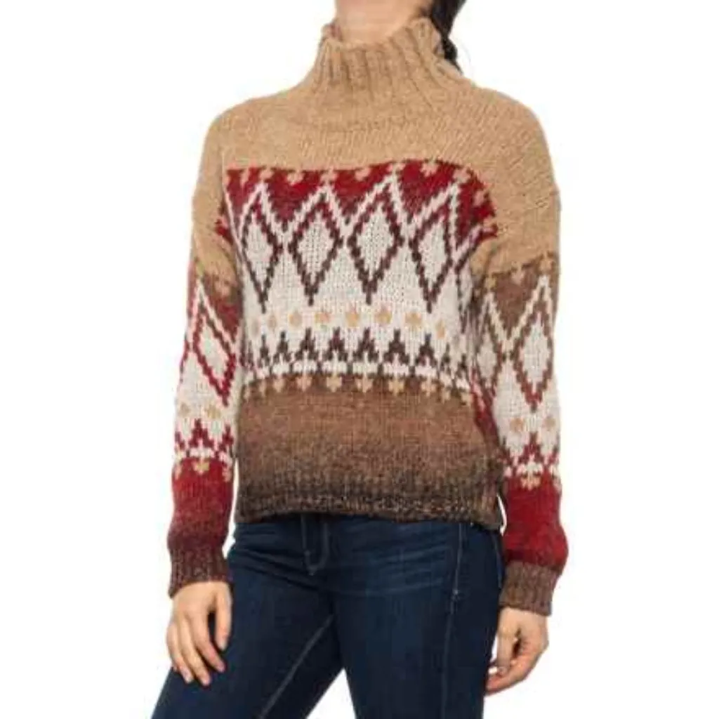 NWT Elsamanda Made in Italy Boucle Aztec Argyle Sweater Alpaca Wool Blend Tan Size M - Image 3