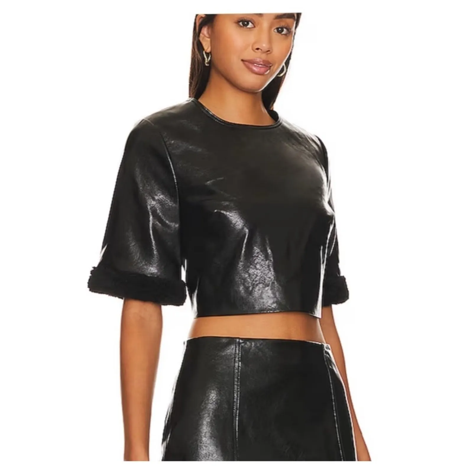 Milly Rainey Crinkled Faux‎ Leather Crop Top XS Black - Image 6