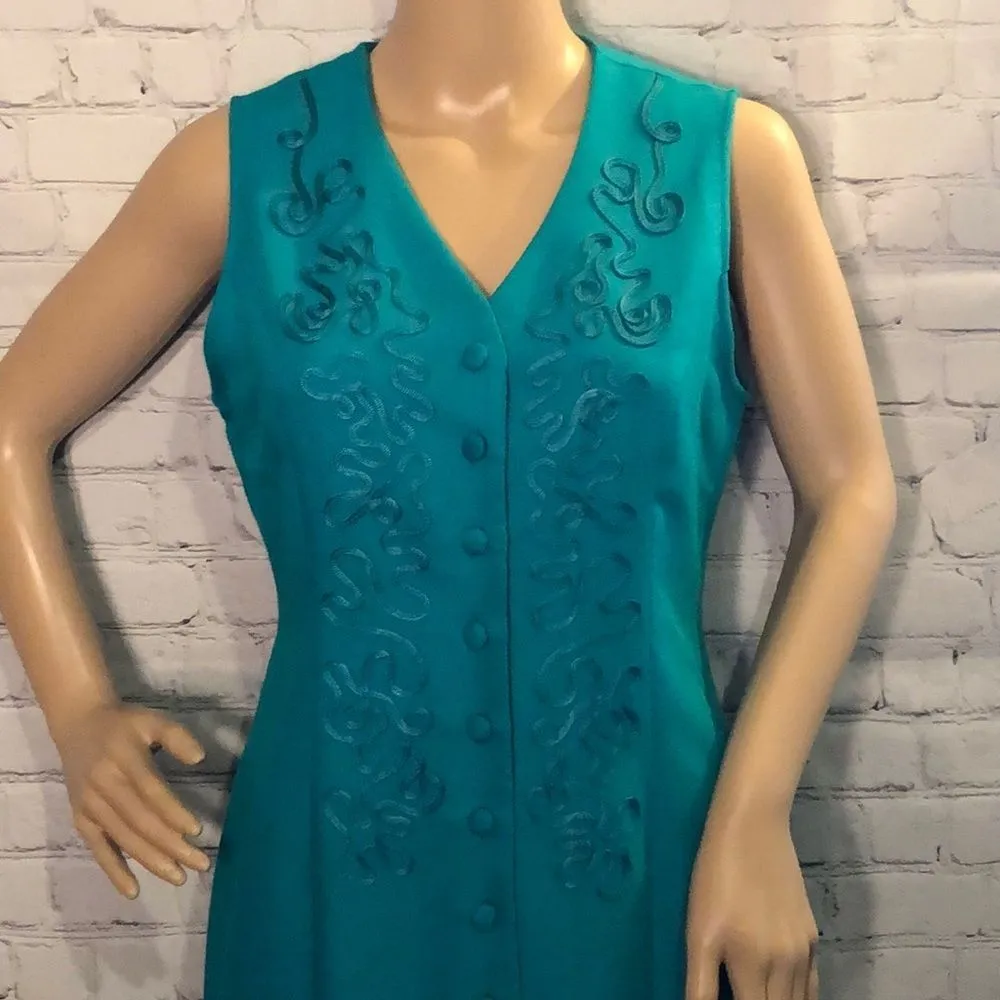 Sheri Martin Petites Vintage Embroidered Sleeveless Green Dress 6P 1990s Y2K - Image 2