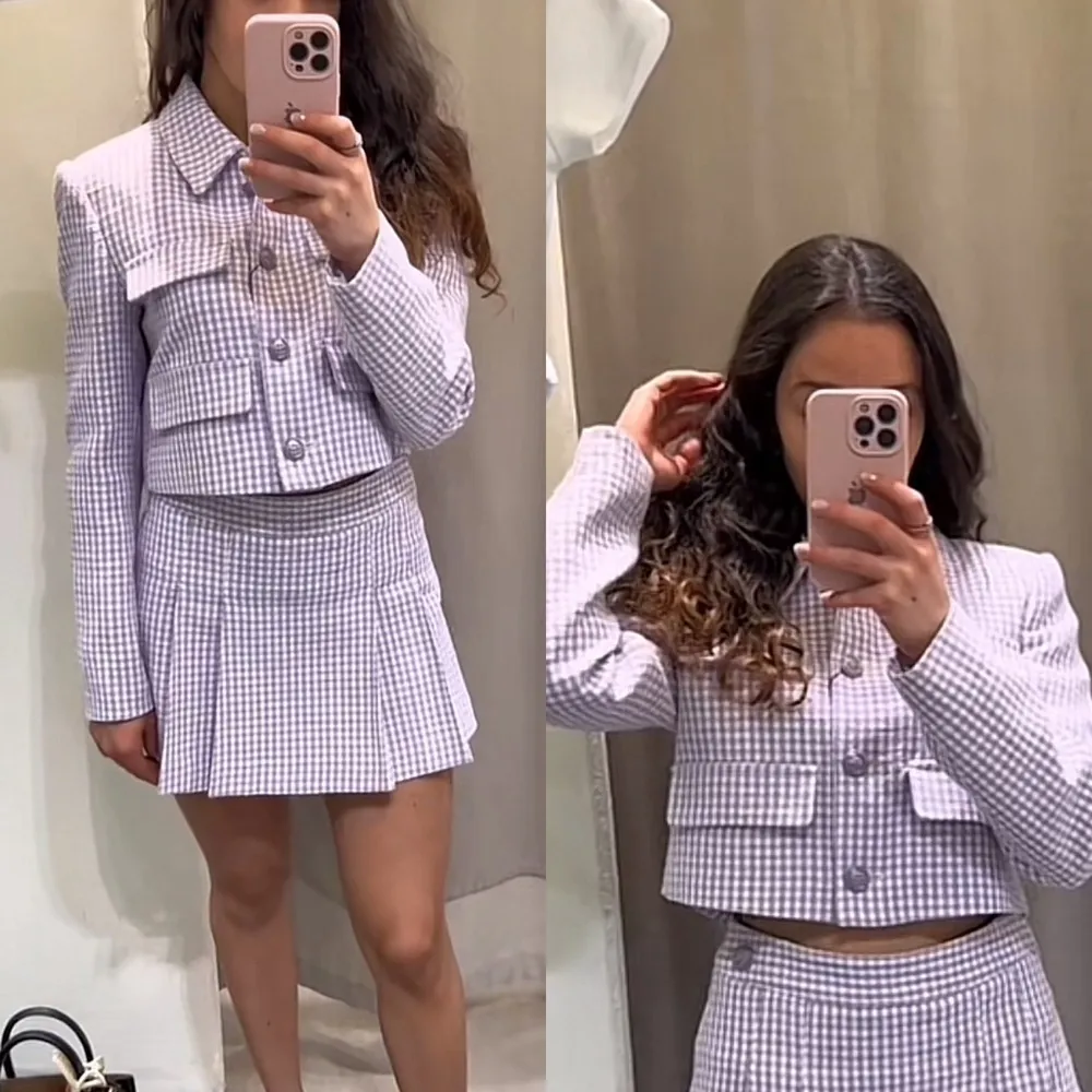 Zara Bloggers Fav Lilac White Textured Cropped Blazer with Shoulder Pads Size L - Image 2