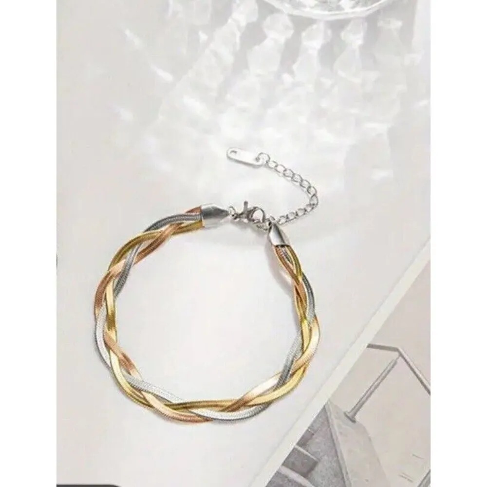 Stainless Steel Braid Tricolors snake Necklace SET Bracelet Womens jewelry Gold - Image 12