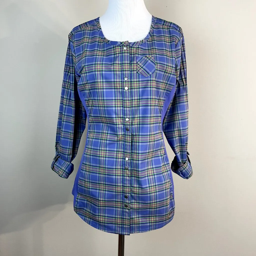 REI Shirt‎ Womens Small Purple Plaid Snap Button Long 3/4 Tab Sleeve Pintuck Top - Image 3