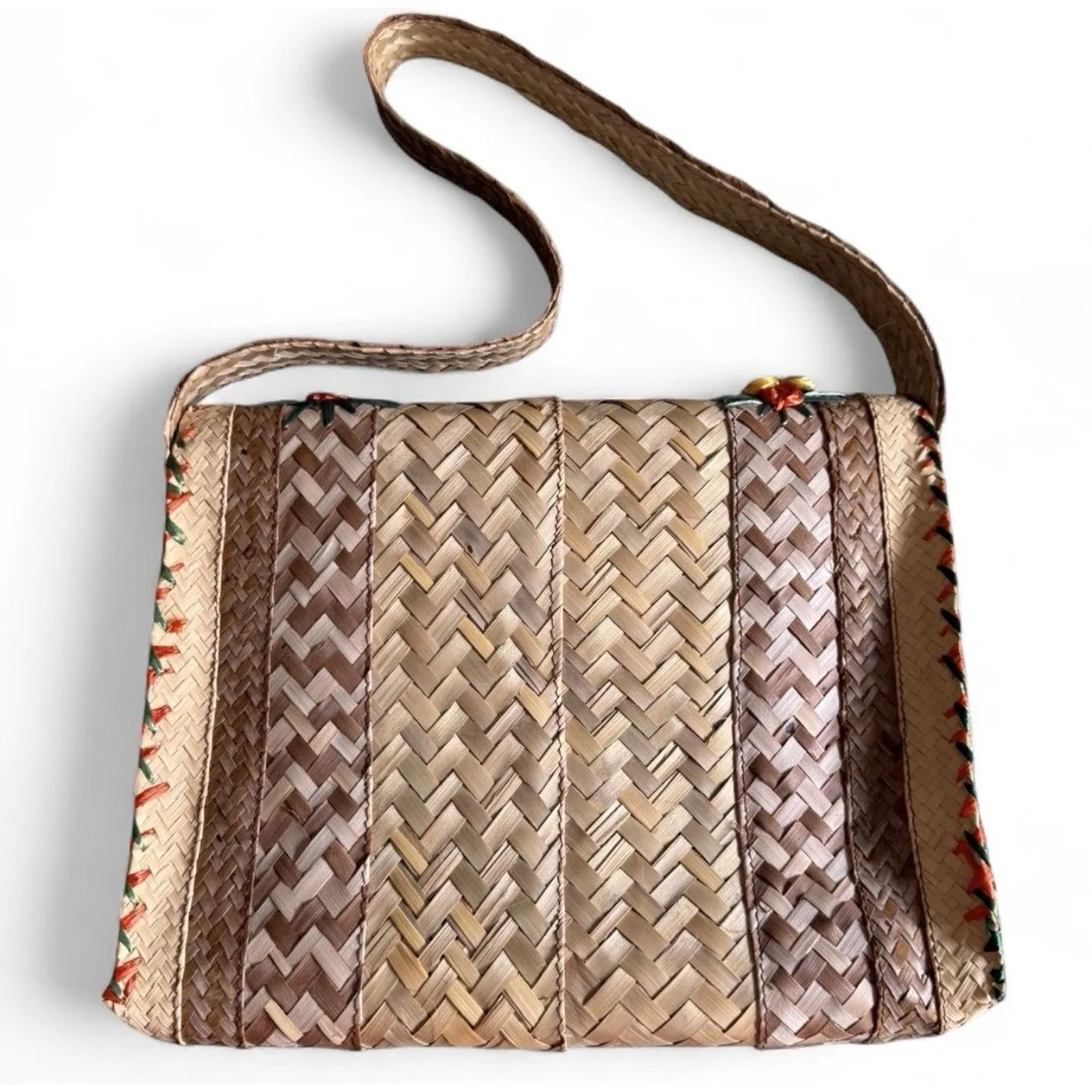 Vintage 1960s Cabana Floral Wicker Raffia Woven Straw Purse Handbag Philippines Yellow - Image 4