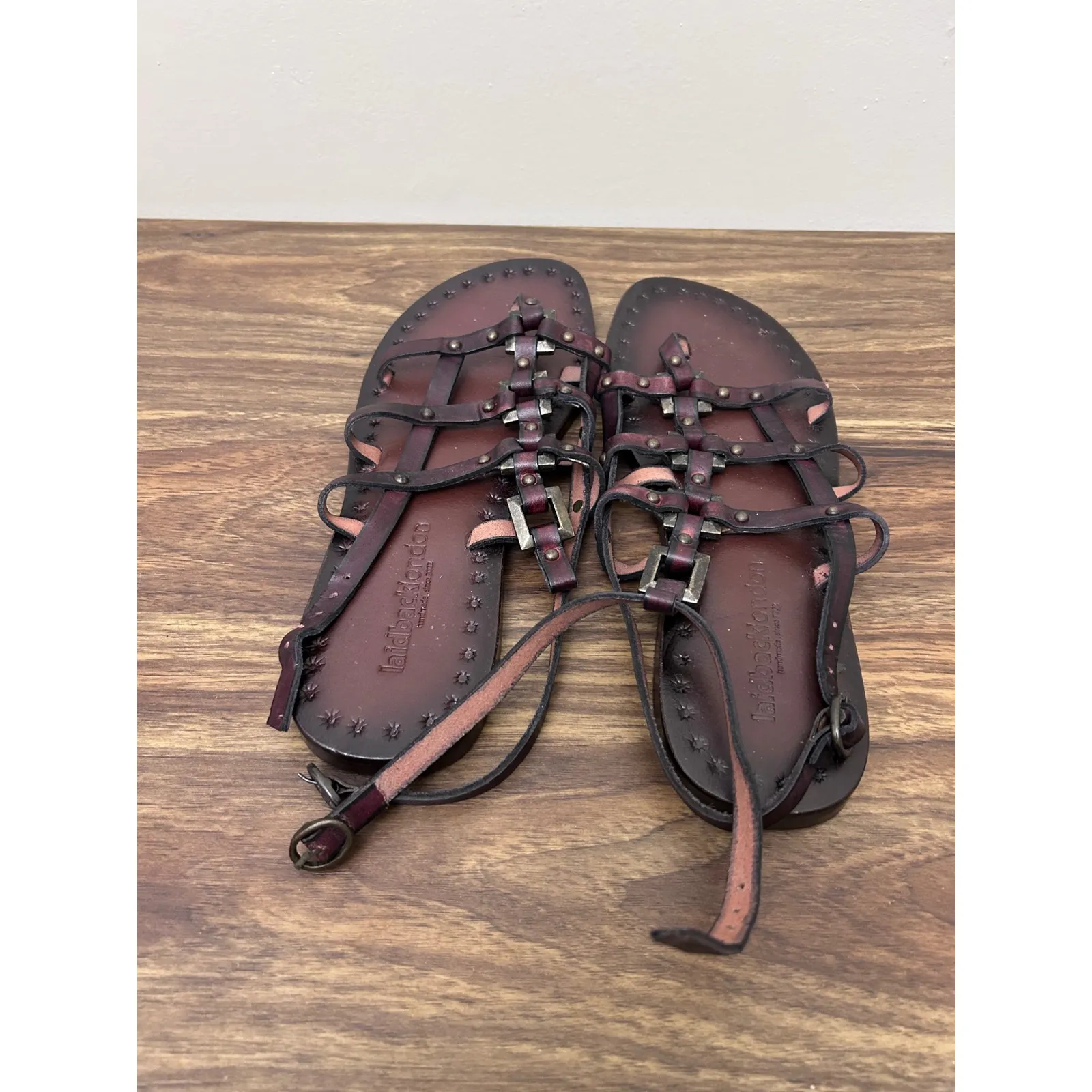 Laidback London Gladiator Sandals Burgundy Leather Studded Strappy Size 37 Brown - Image 3