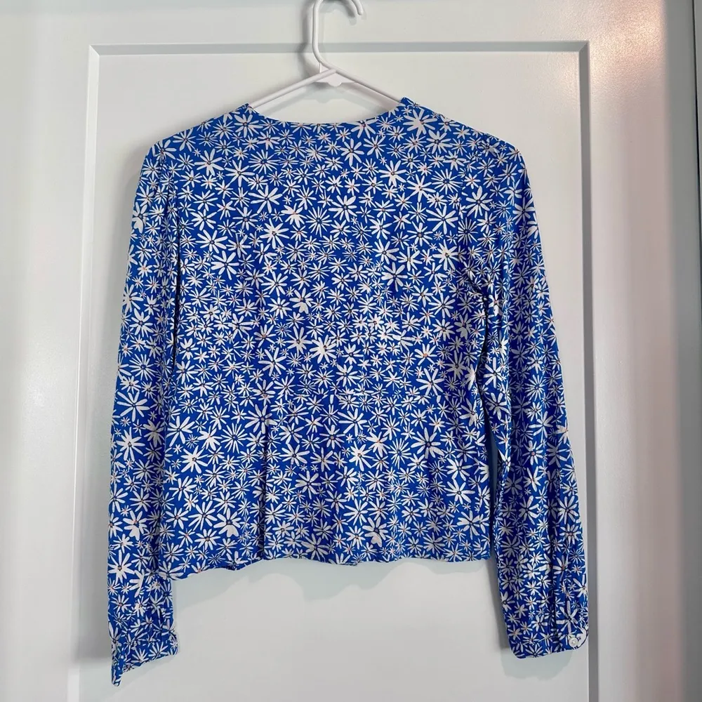 Printed V-Neck Long-Sleeve Blue Floral Blouse XS - Image 2