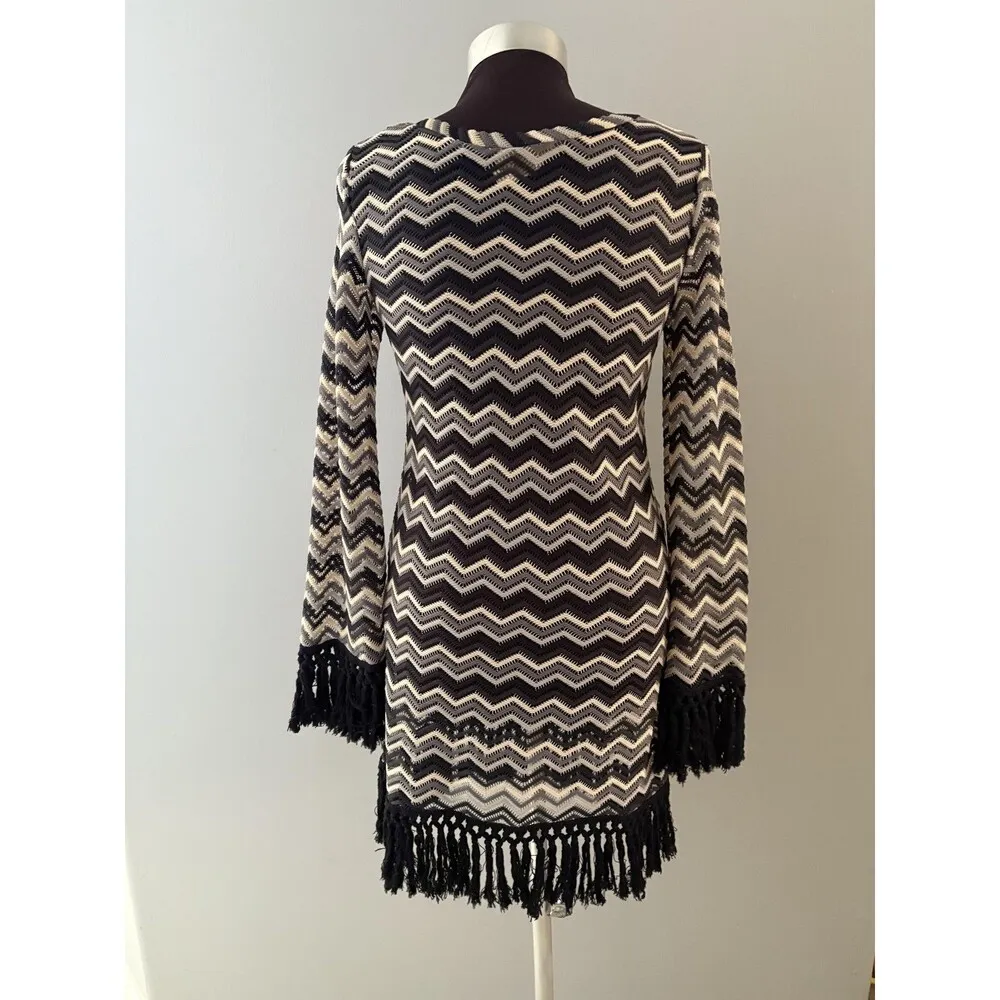 Z Supply Dress Womens Small Black Cream Chevron Fringe Boho Festival Tunic - Image 4
