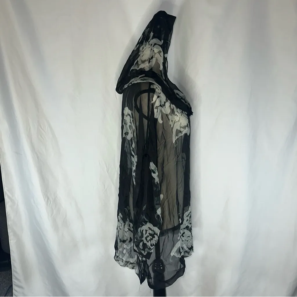 Johnny Was Biya • 100% Silk Hooded Tunic Floral Oversized Sheer Size XS Boho￼ Black - Image 6