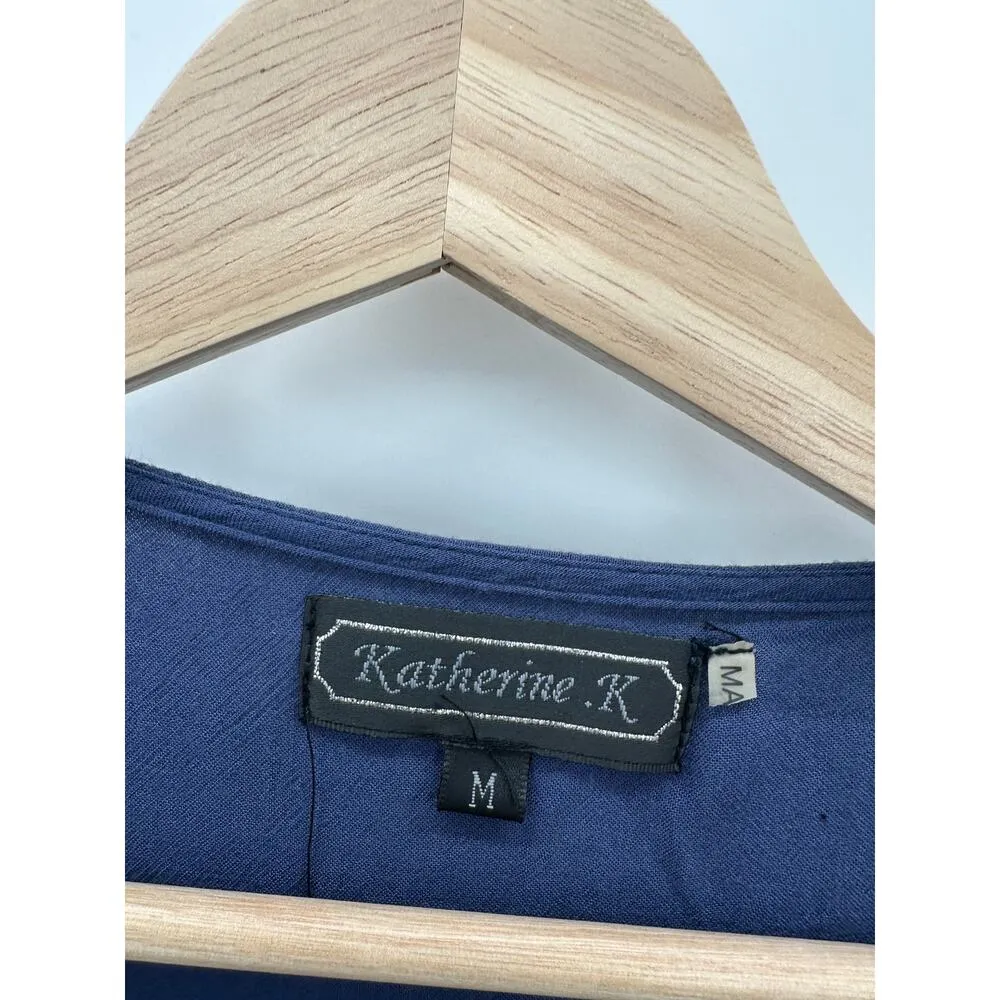 Katherine .K Tunic Women Medium Embroidered Short Sleeve Rayon Coastal Vaca Blue - Image 6