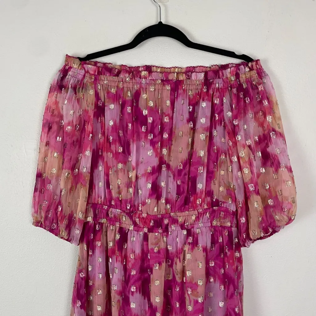Loft Floral Ikat Clip Balloon Sleeve Off‎ The Shoulder Midi Dress S Metallic - Image 3