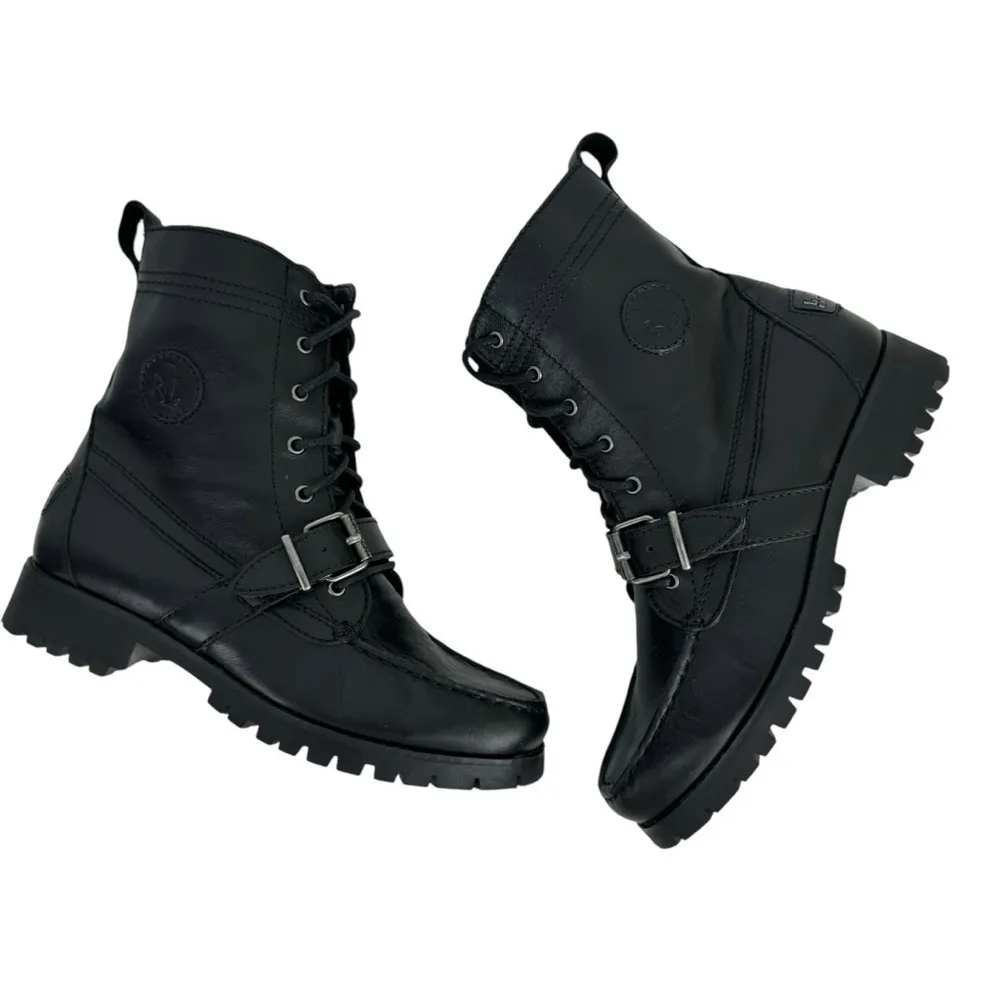Lauren Ralph Lauren Zera Leather Lace Up Ankle Boots Black Buckle Womens Size 7B - Image 7