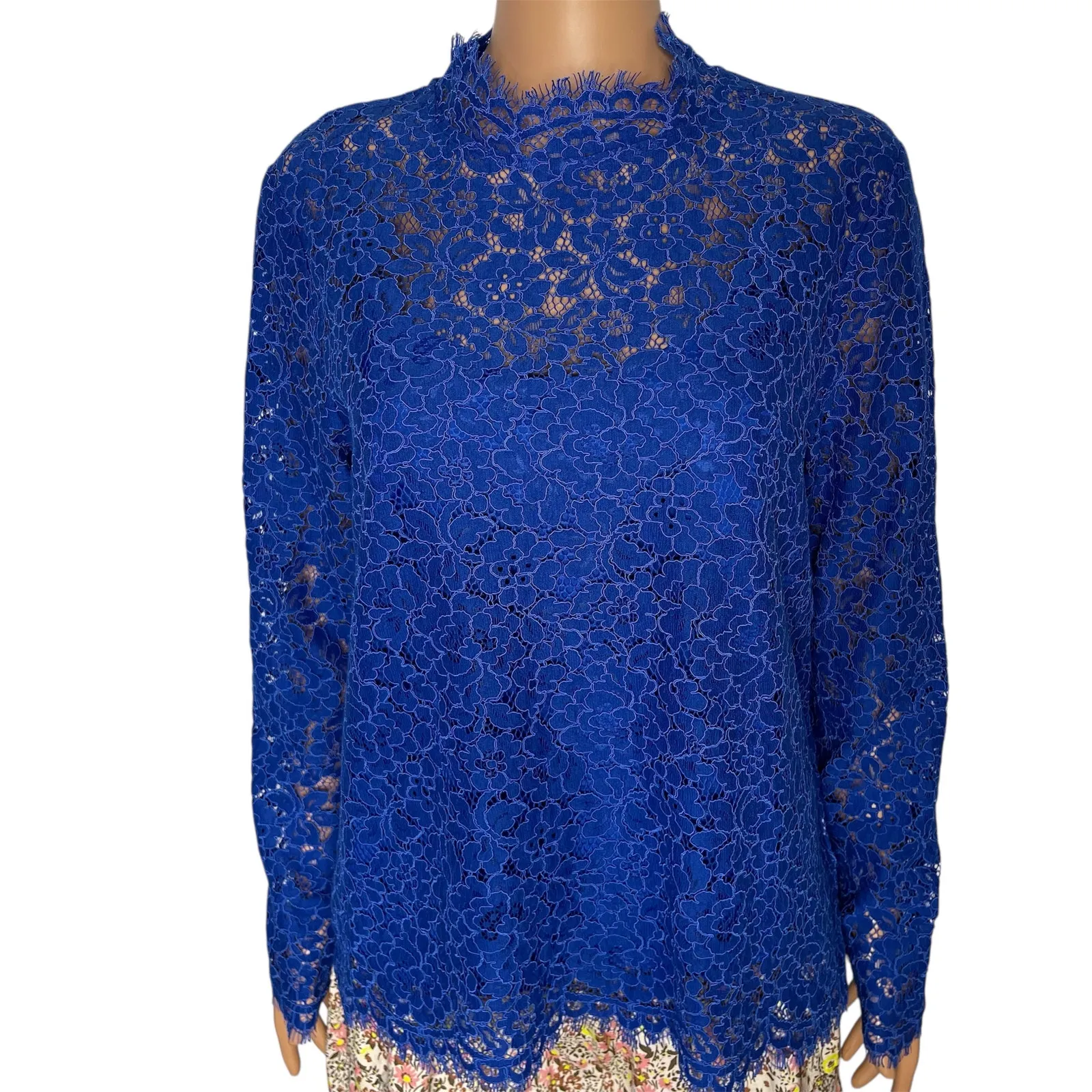 J. Crew Lace Top Long Sleeve Blue size 8 scalloped mock neck New - Image 2