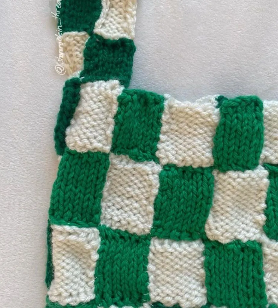 green and white checkered knit tote bag - Image 3