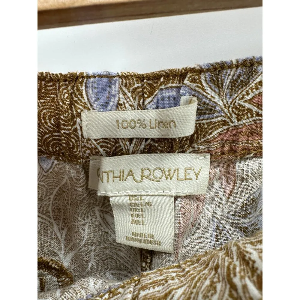 Cynthia Rowley Shorts Women LARGE Khaki Tan Floral Print 100% Linen Casual - Image 5