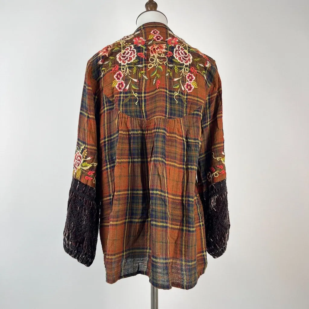 NWOT Johnny Was Silk Velvet Cotton Plaid Embroidered Floral Shirt Blouse S - Image 5
