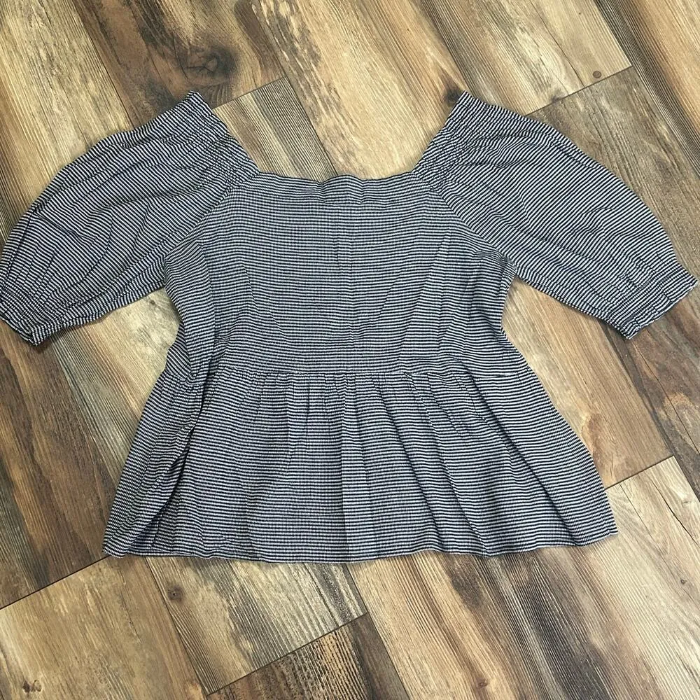 Loft Blouse Smocked Black White Gingham Puff Sleeve Square Neckline Small New - Image 2