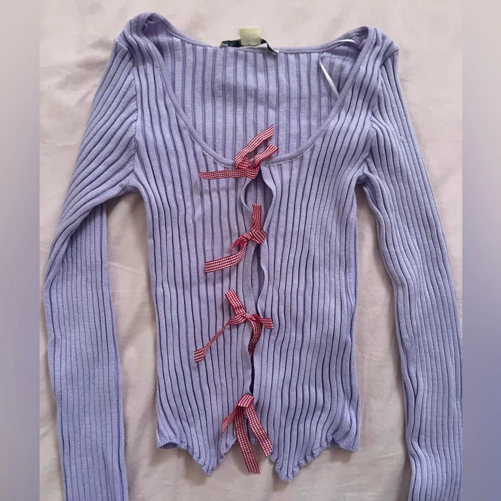 Kimchi Blue Lilac Ribbed Top with Red Gingham Bow Details - Image 3