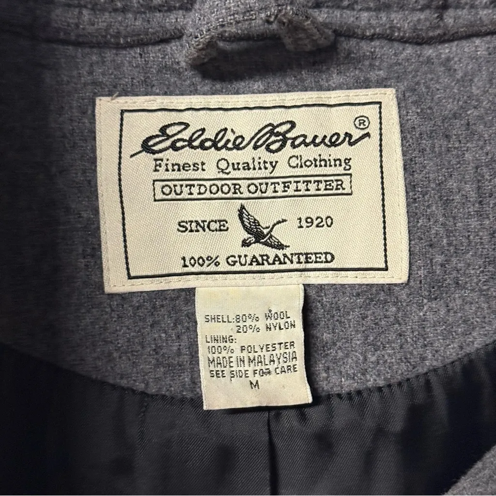 Vintage Eddie Bauer Coat Women M Gray Hood Button Front Wool Nylon Blend Pockets - Image 2