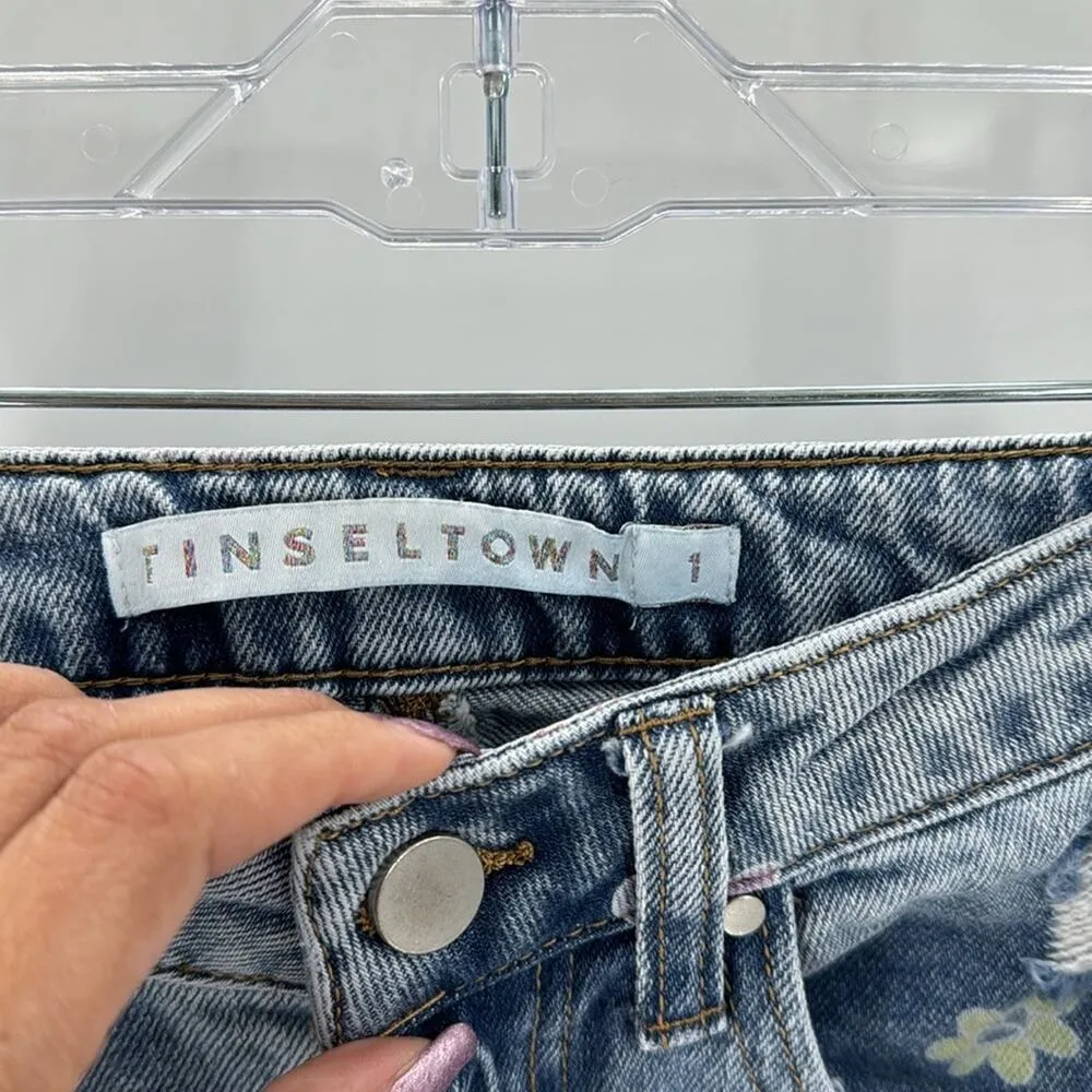 Tinseltown Floral-Peace-Print Wide-Leg Jeans deconstructed baggy festival size 1 - Image 9