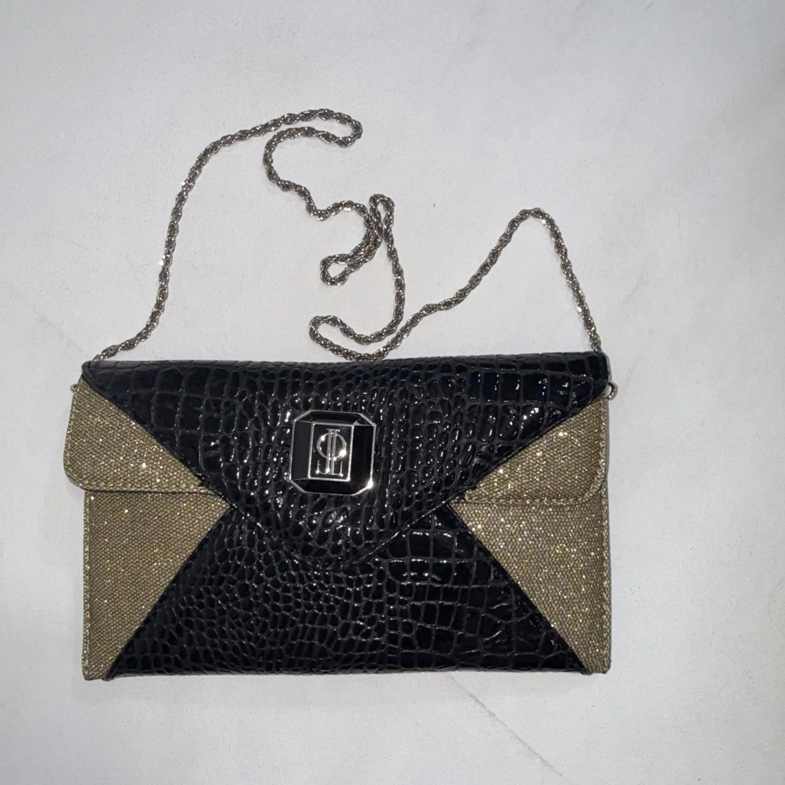 JLO Sml Gold Black Handbag Faux Crocodile Old Money Classy Shoulder Clutch Bag - Image 13