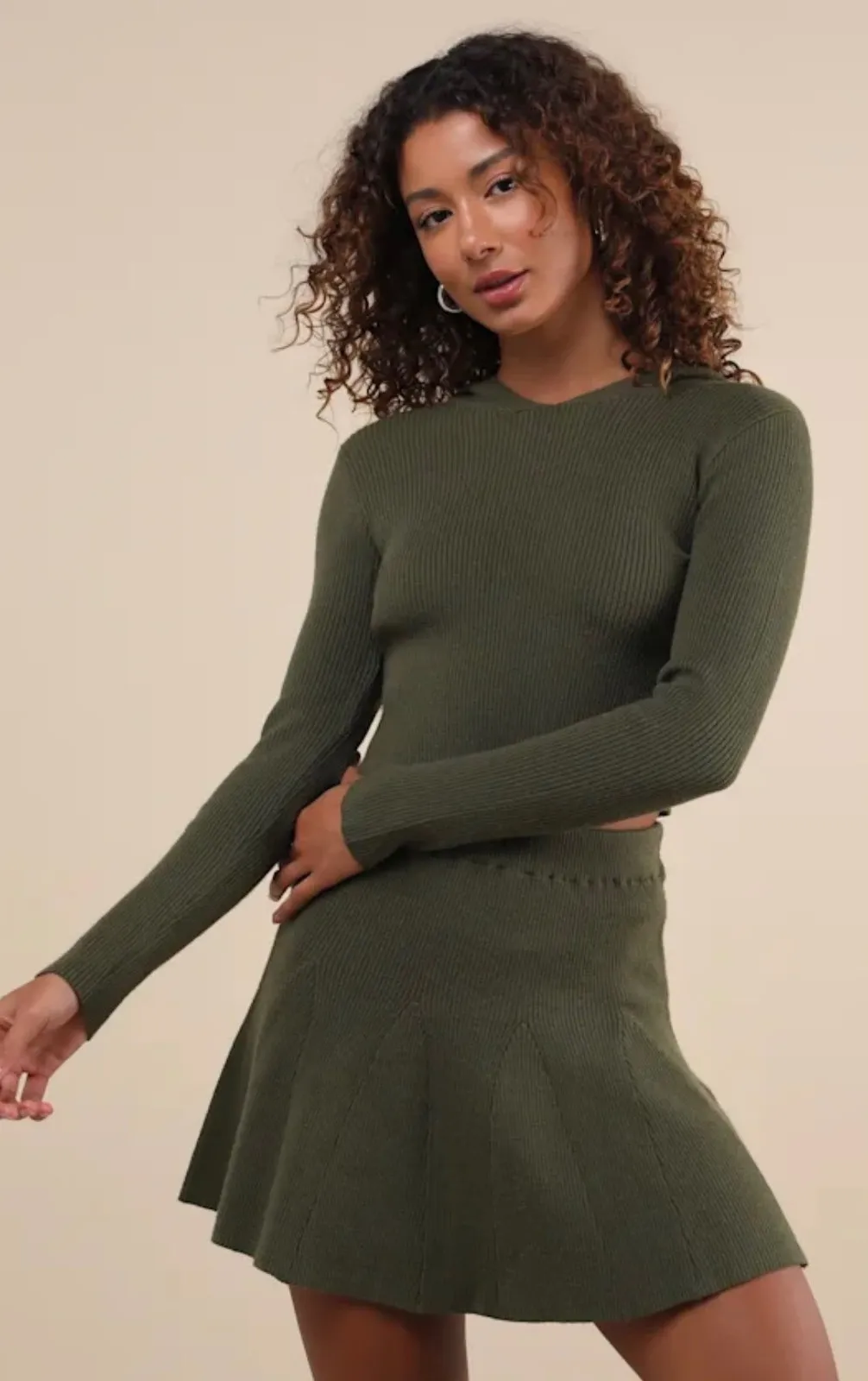 Lulus Olive Ribbed Hooded Sweater Crop Top Mini Skirt Set Two Piece size SM - Image 2