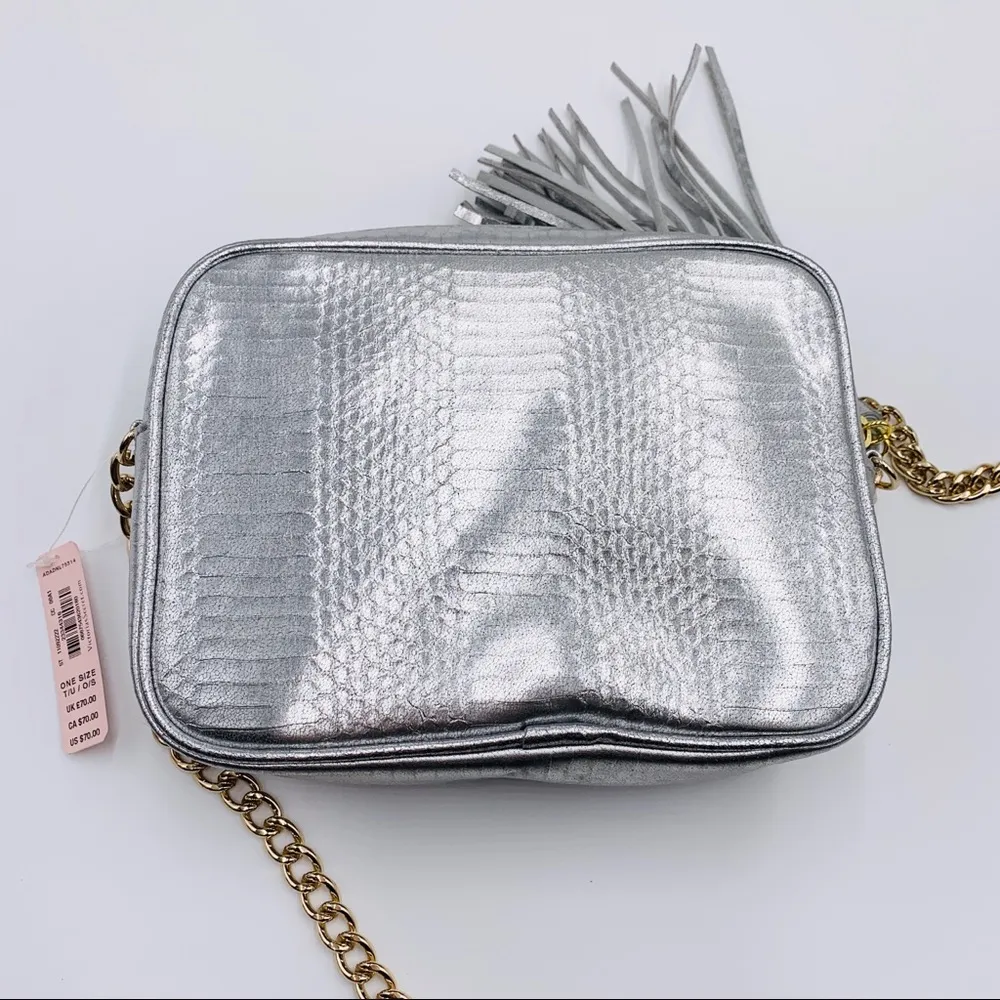NWT Victoria’s Secret Metallic Silver Embossed Tassel Crossbody Bag Purse - Image 9