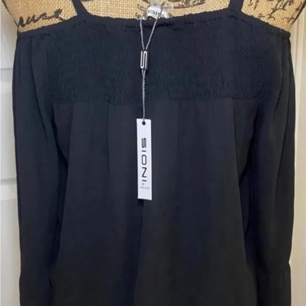 Sioni Asymmetrical Bell Sleeve Boho Blouse Top 3/4 Sleeves Black Women Small NEW - Image 3