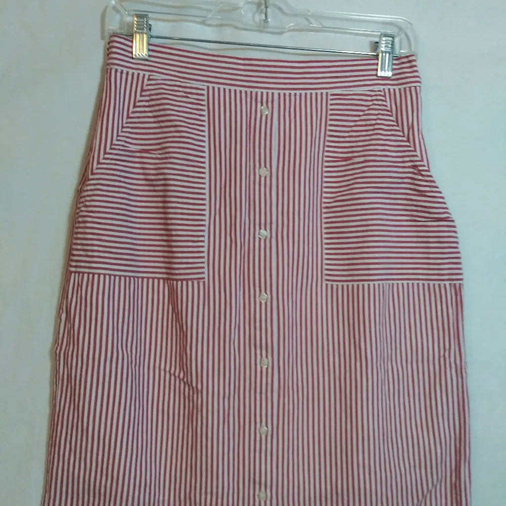 Daniel Cremieux Red and White Striped Midi Skirt Cotton Pockets Size 4 - Image 2