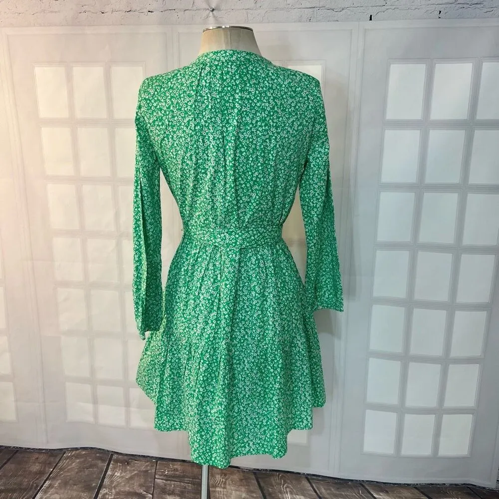 J crew long sleeve tie waist green floral cotton shirtdress size XS - Image 7