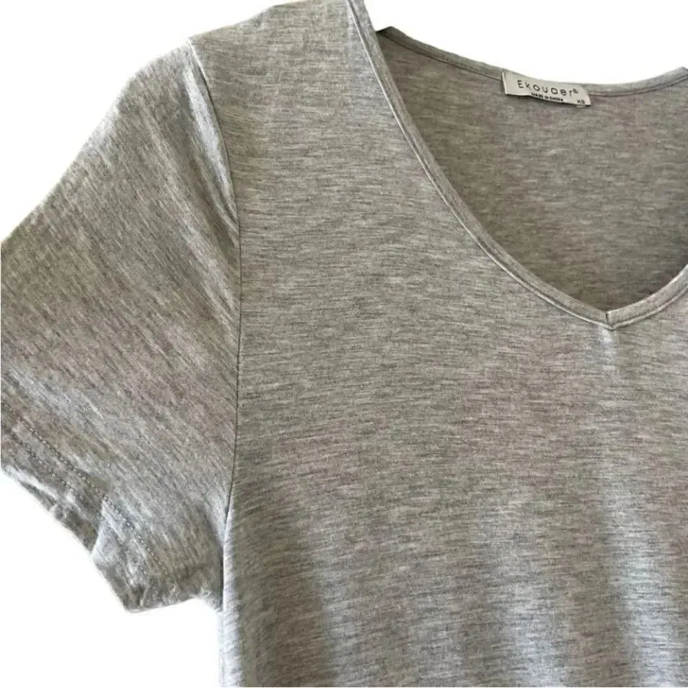 Ekouaer Gray V-neck Soft Lace Embroidered Hem Short Sleeves Sleep Dress SZ XS - Image 6