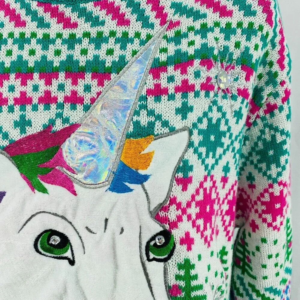 Blizzard Bay Rainbow Unicorn Holiday Sweater Unisex Large White - Image 3
