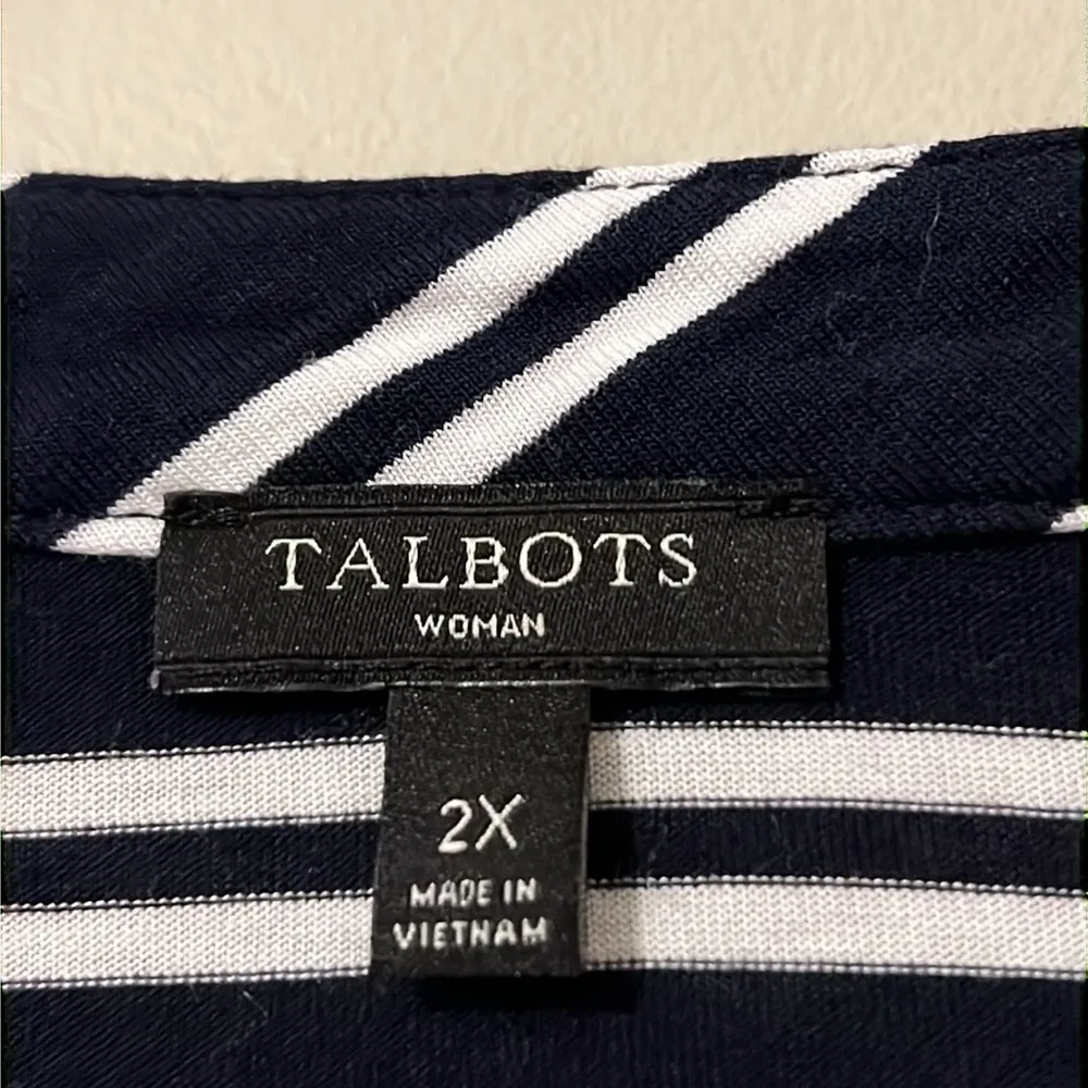 TALBOTS WOMAN size 2X dark blue white v neck striped 3/4 sleeve blouse hi low - Image 2