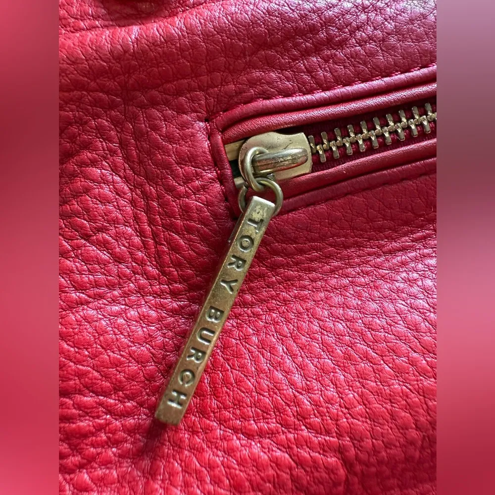 Tory Burch Edye Satchel Purse Shoulder Bag Red Leather Gold Classic Pebbled - Image 2