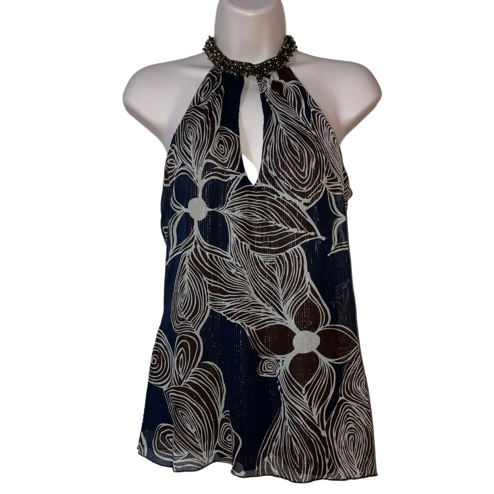 Trina Turk Jeweled Halter Metallic Floral Blue Brown Sleeveless Silk Blouse-0 - Image 2