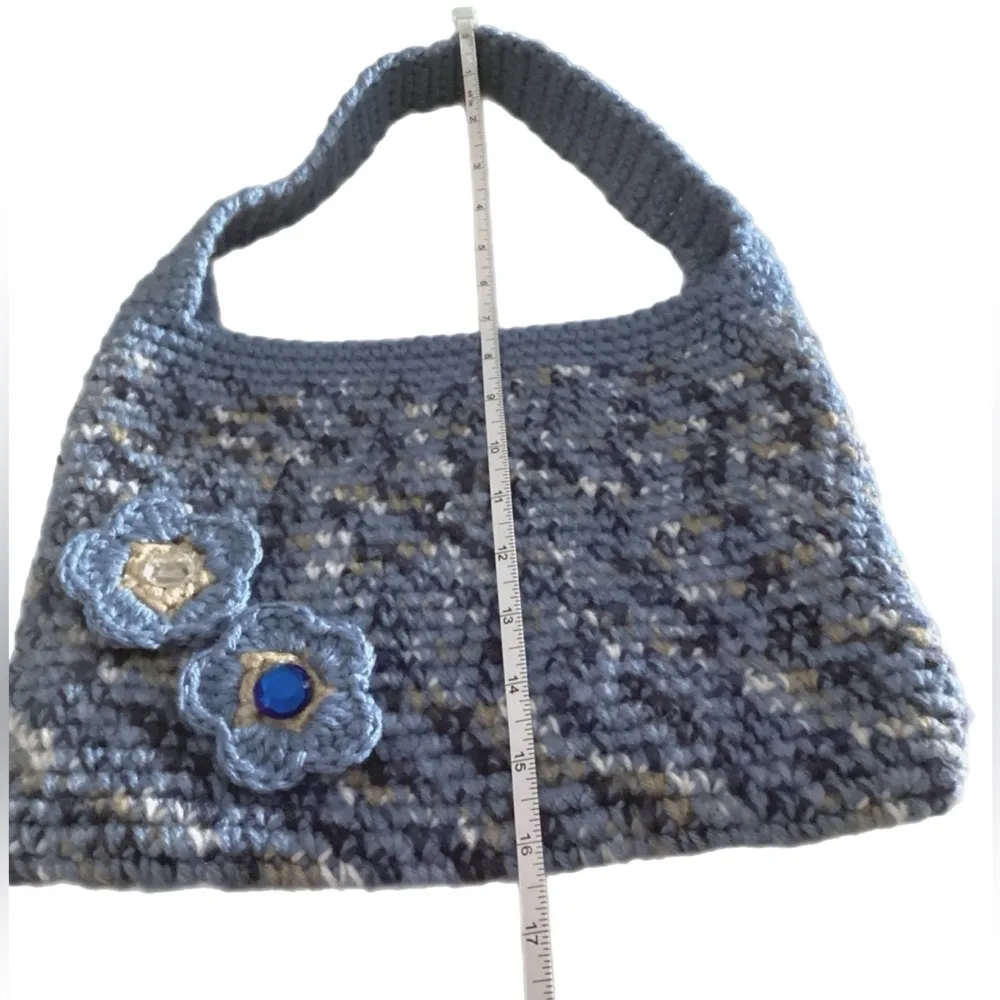 Adorable Crochet Blue & Gray Blended Purse. Connected Shoulder Handle bag - Image 6