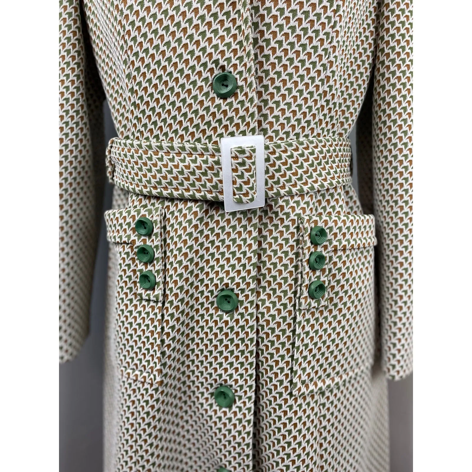 Vintage Lan Siang 70s Geometric Button Front Long Blazer Pea Coat MCM Medium Green - Image 4
