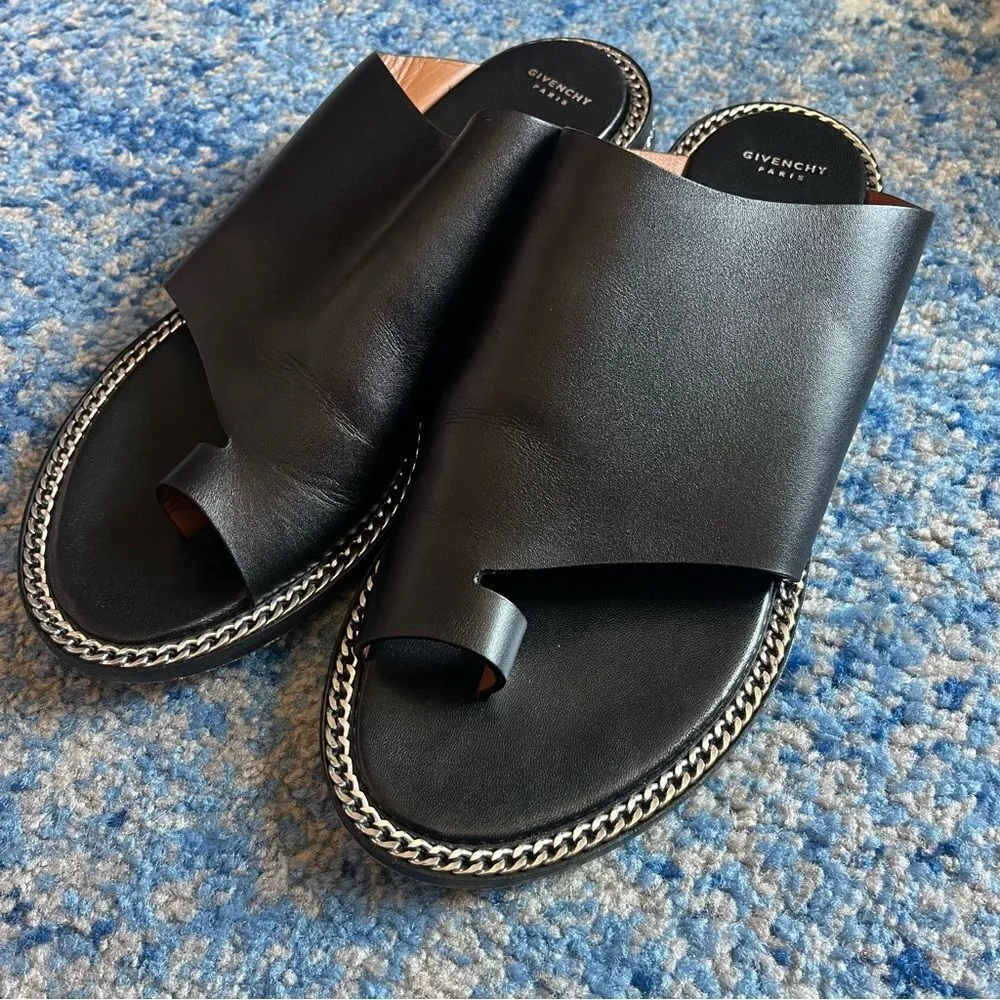 Givenchy  Black Leather Chain Accent Slides - Image 4