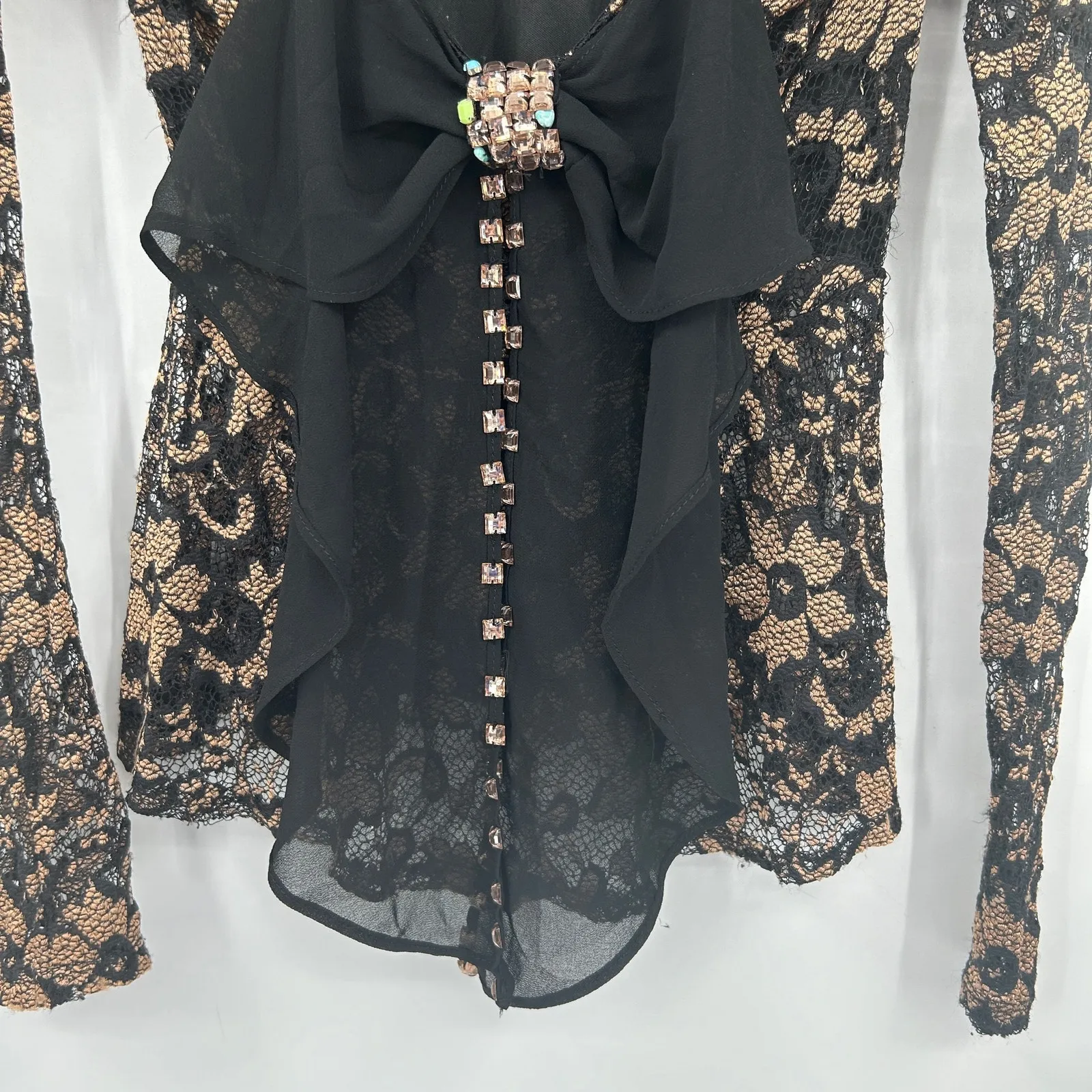 Womens Vampy‎ Whimsigoth Dark Back Bow Lace Floral Long Sleeve Peplum Top Black Size XS - Image 5